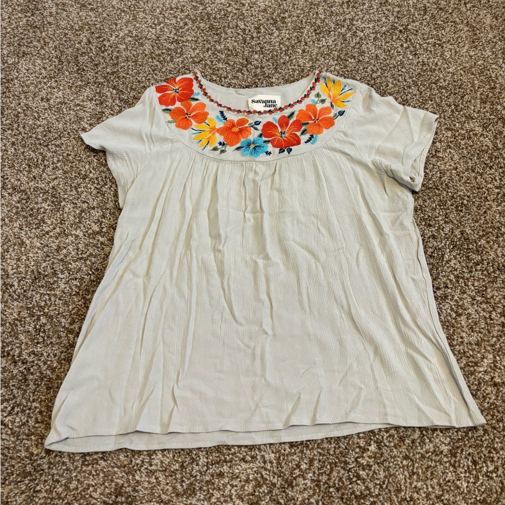 Savanna Jane || Floral Embroidered Short Sleeve Top Size L
